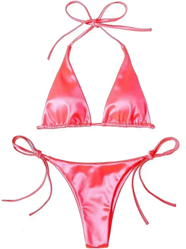 Metallic Satin Bikini Damen – Wrap Around Halter Zweiteiler